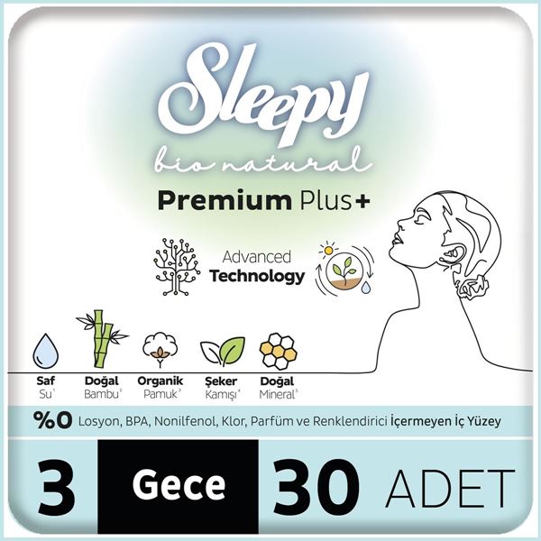 Image de Sleepy Bio Natural Premium Plus Serviettes Hygiéniques Mega Pack Nuit 30 Pièces