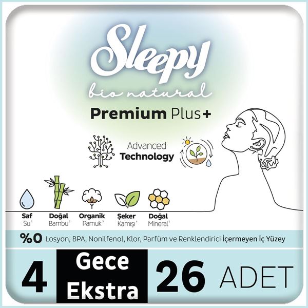 Image de Sleepy Bio Natural Premium Plus Serviettes Hygiéniques Mega Pack Nuit Extra 26 Pièces