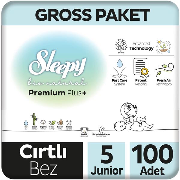 Image de Sleepy Bio Natural Premium Plus Gross Package Couches pour bébé Numéro 5 Junior 100 pièces