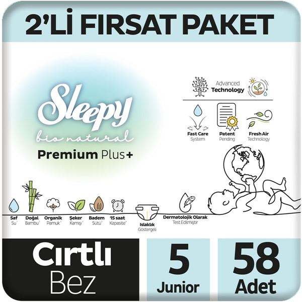 Image de Sleepy Bio Natural Premium Plus Lot de 2 couches pour bébé Numéro 5 Junior 58 pièces