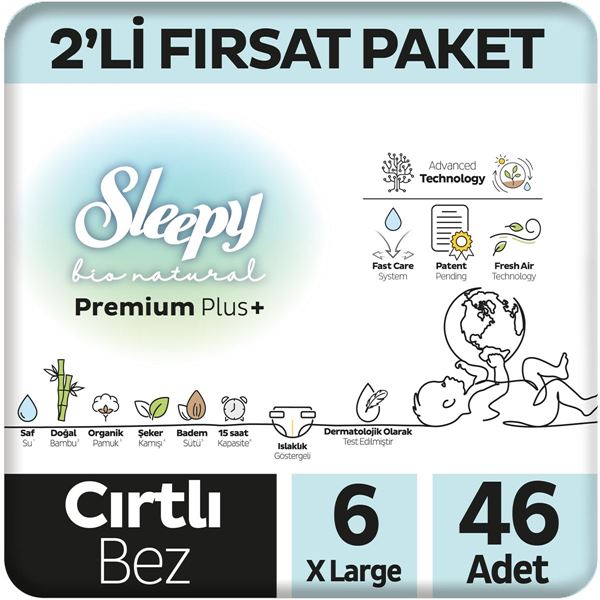 Image de Sleepy Bio Natural Premium Plus Lot de 2 couches pour bébé Taille 6 XL 46 pièces